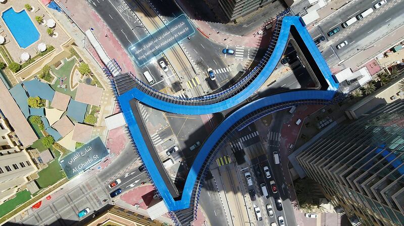 The four-way pedestrian bridge on Dubai Marina's Al Gharbi Street junction. Courtesy: RTA