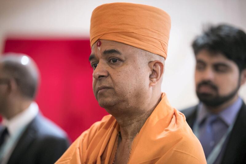ABU DHABI, UNITED ARAB EMIRATES - April 20 2019.

The Shilanyas Vidhi, The Foundation
ceremony of the first traditional Hindu Mandir in Abu Dhabi, UAE. The Vedic ceremony is performed in the holy presence of His Holiness Mahant Swami Maharaj, the spiritual leader of BAPS Swaminarayan Sanstha.

(Photo by Reem Mohammed/The National)

Reporter:
Section: NA + BZ