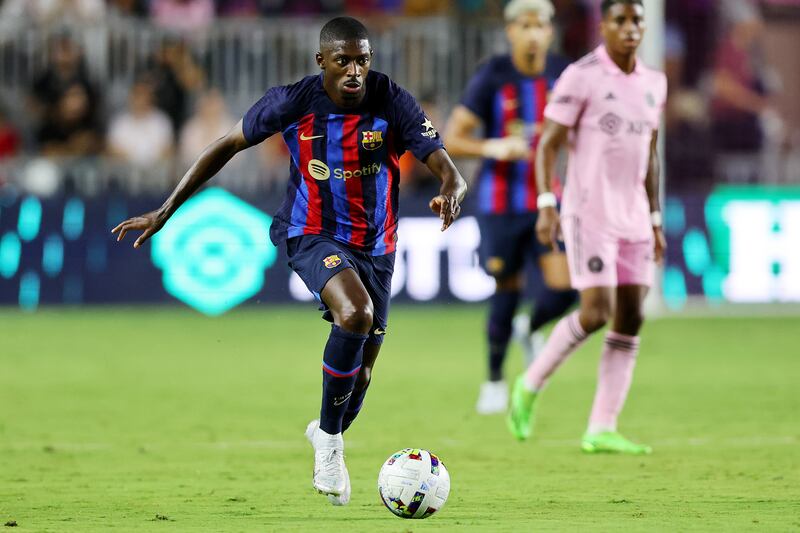 Barcelona winger Ousmane Dembele controls the ball during the second half of a preseason friendly against Inter Miami. Getty
