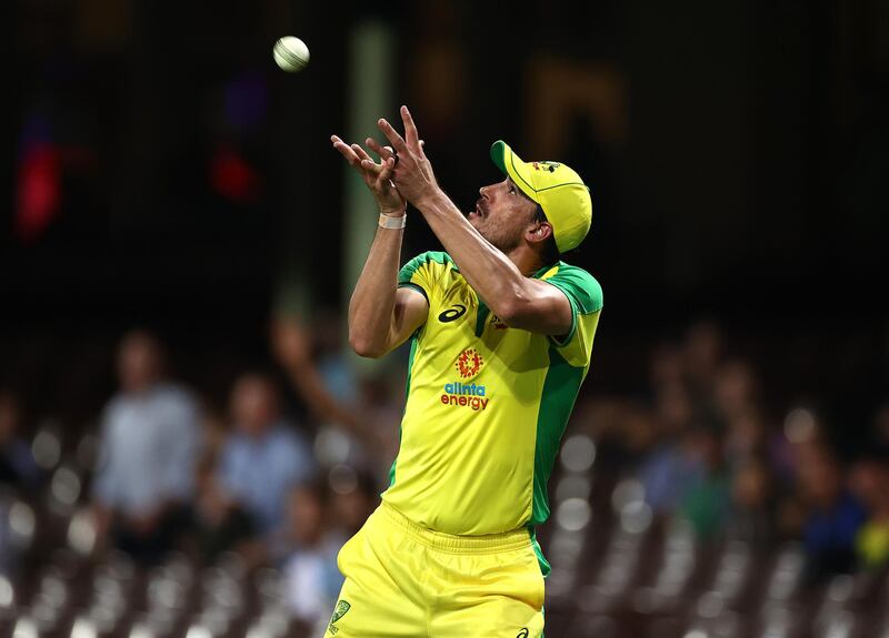 Australia fielder Mitchell Starc  takes a catch to dismiss Hardik Pandya of India during the first One-Day International match at Sydney Cricket Ground on Friday, November 27. Australia won the match by 66 runs. Getty