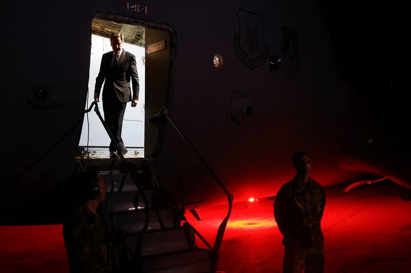 US Secretary of State Antony Blinken disembarks at the airport during his visit to Jordan after arriving from Israel on Friday, November 3. AP Photo