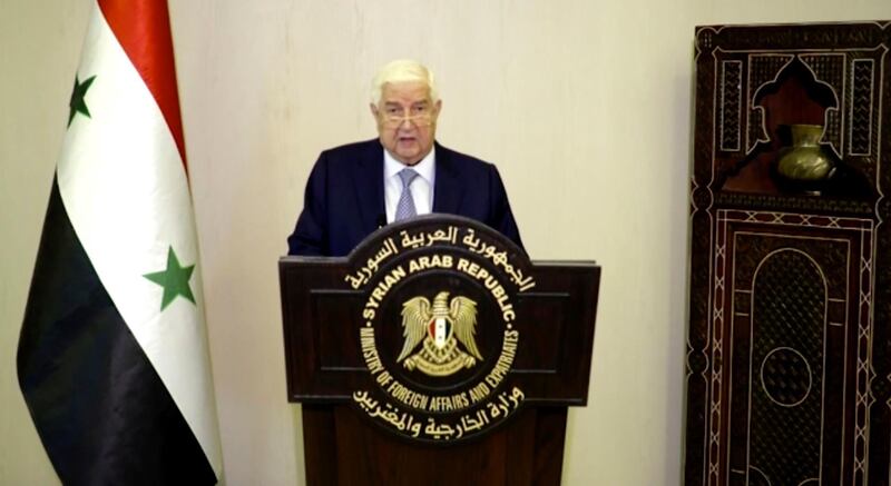 In this image made from UNTV video, Syria's Deputy Prime Minister Walid Muallem speaks in a pre-recorded message which was played during the 75th session of the United Nations General Assembly, Saturday, Sept. 26, 2020, at U.N. headquarters. (UNTV via AP)