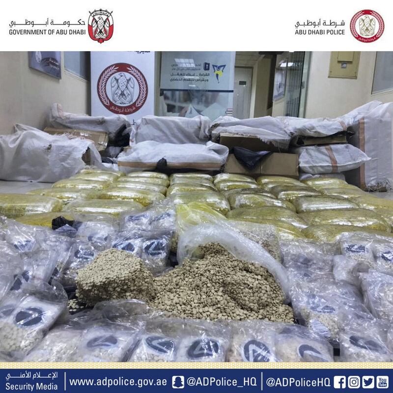 Police released this image of the almost four million Captagon pills they seized in two operations in the capital. Abu Dhabi Police