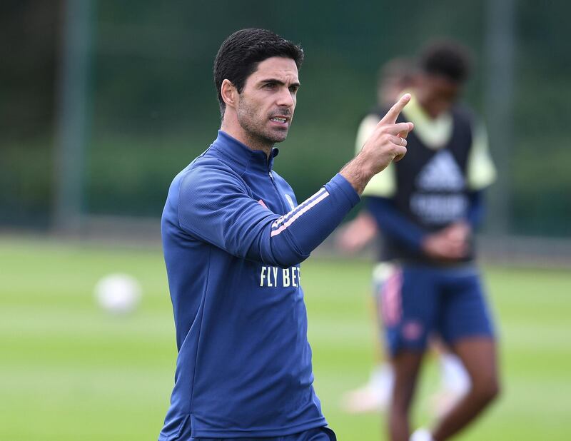 ST ALBANS, ENGLAND - JULY 29: Arsenal Head Coach Mikel Arteta during a training session at London Colney on July 29, 2020 in St Albans, England. (Photo by Stuart MacFarlane/Arsenal FC via Getty Images)