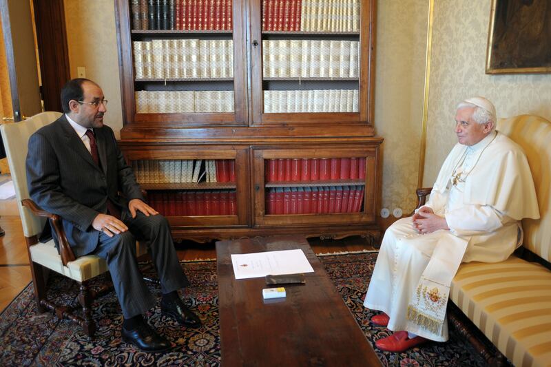 Pope Benedict XVI meets prime minister Nouri Al Maliki on July 25, 2008, at the pontiff’s summer residence of Castel Gandolfo, Italy.