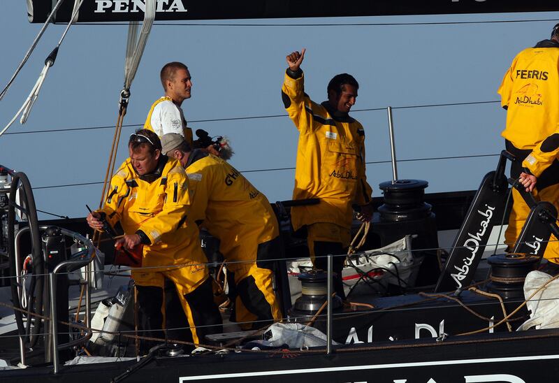 Abu Dhabi, United Arab Emirates, Jan 4 2012, Volvo Ocean Race , Abu Dhabi-(centre) Adil Khalid gives the thumbs up after finishing leg two of the Volvo Ocean Race, Khalid was at the helm at the finish line as they complete leg two, Cape Town South Africa to Abu Dhabi United Arab Emirates of the .   Mike Young / The National