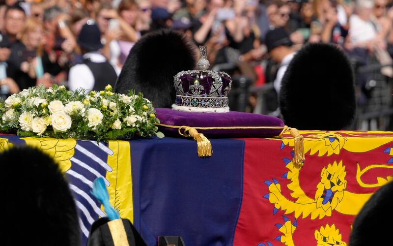 Grenadier Guards flank the coffin of Queen Elizabeth. AP
