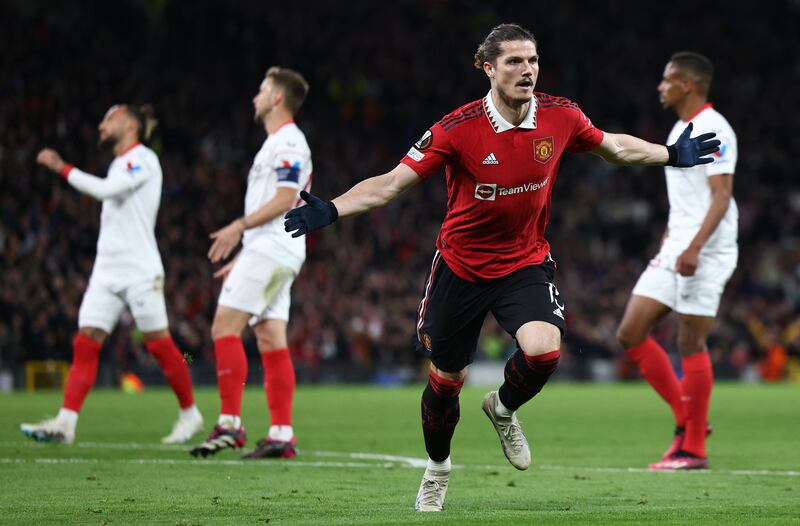 Manchester United's Austrian midfielder Marcel Sabitzer celebrates scoring the opening goal. AFP