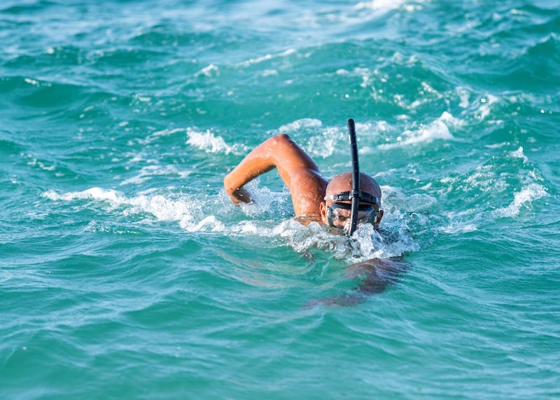 DUBAI, UNITED ARAB EMIRATES. 15 OCTOBER 2020. 
Endurance swimming champion Shehab Allam trains a day before he is set on creating a world swimming record in Dubai by braving a 25km stretch from Al Seef to Dubai Water Canal.
(Photo: Reem Mohammed/The National)

Reporter:
Section: