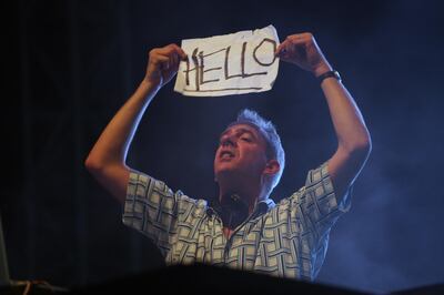 DUBAI, UNITED ARAB EMIRATES - FEBRUARY 11:  British DJ, musician and producer, Norman Cook, who uses the recording name Fatboy Slim, playing live at the Barasti Bar at the Mina Seyahi Hotel in Dubai on February 11, 2009.  (Randi Sokoloff / The National)  For news story/review. *** Local Caption ***  RS001-021109-FATBOY.jpgRS001-021109-FATBOY.jpg