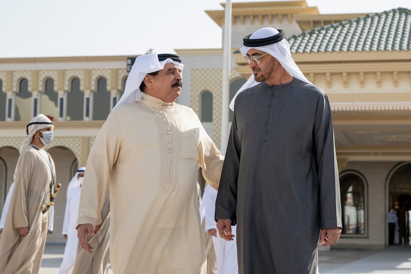 President Sheikh Mohamed walks with Bahrain's King Hamad  at the Presidential Airport as he prepares to leave the UAE following a visit. All photos: UAE Presidential Court