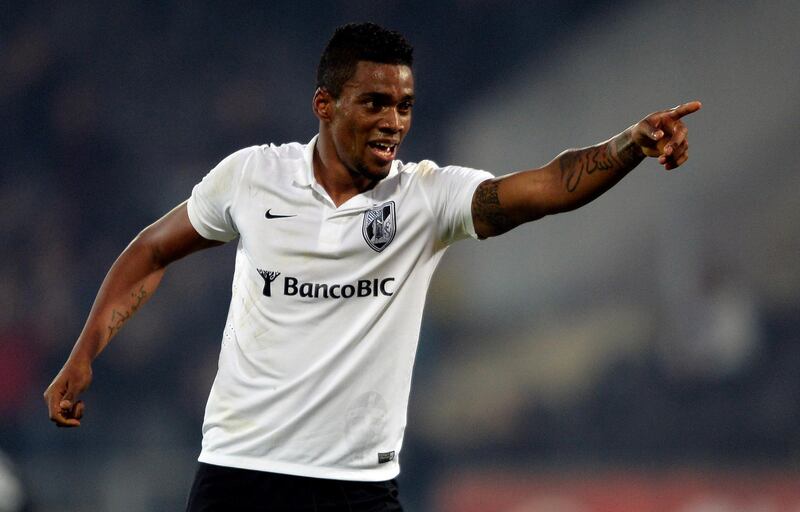 Vitoria SC's Cape Verdean forward Ricardo Gomes celebrates after scoring the opening goal during the Portuguese league football match Vitoria de Guimaraes v CD Nacional at the Dom Alfonso Henriques stadium in Guimaraes on January 4, 2015.  AFP PHOTO / MIGUEL RIOPA (Photo by MIGUEL RIOPA / AFP)