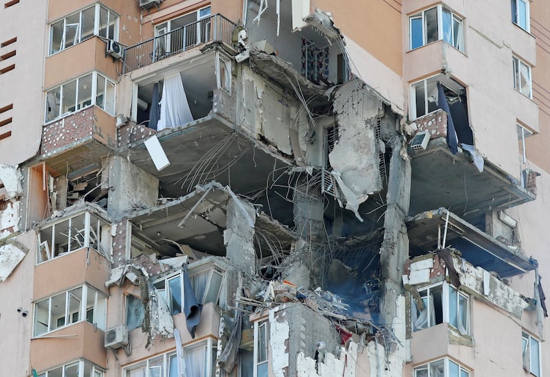 An apartment building damaged by shelling in Kiev. Reuters