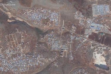 Tents at Idlib Displacement Camp B are visible by satellite.  Courtesy Digital Globe