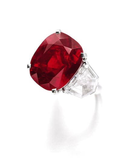  LOT 502
Property of a Lady
'The Sunrise Ruby',
A superb and extremely rare ruby and diamond ring weighing 25.59 carats, Cartier
Estimate: CHF 11,700,000-17,500,000 / US$ 12,000,000-18,000,000
Sold for CHF 28,250,000 (US$ 30,335,698)
CREDIT: Sotheby's *** Local Caption ***  al99 sothebys BLOG 2.jpeg