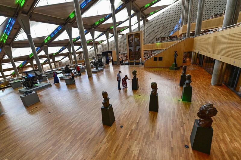 Sculptures of Egyptian literary figures on display inside the main building of the Bibliotheca Alexandrina library in Egypt's northern coastal city of Alexandria. AFP