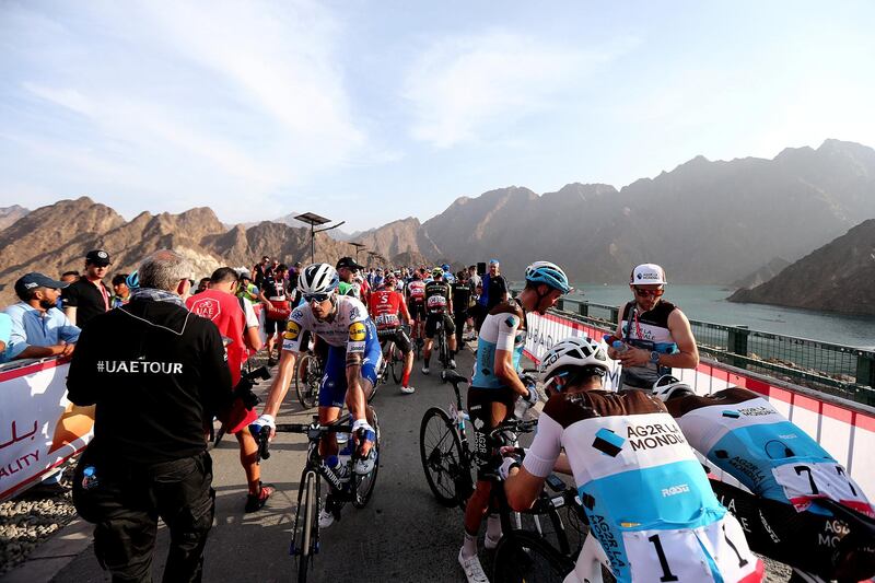 HATTA, February, 24, 2020: Cyclist after the finish line of  the second stage during the UAE Tour 2020 race in Hatta  . Satish Kumar/ For the National/  Story Amit Pasella
