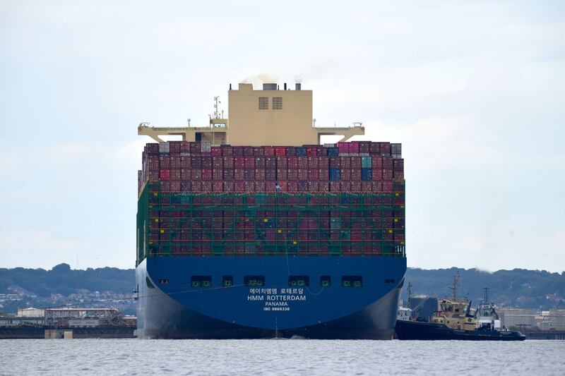 Mandatory Credit: Photo by Fraser Gray/Shutterstock (10754164a)
The container ship HMM Rotterdam is making her maiden port call to DP World London Gateway port on the Essex side of the river Thames. Her sister ship visited the port in the spring of 2020. Both box boats are the globe's biggest ships at 400m x 62m, nearly the hight of the Empire State Building.
World's biggest box boat maiden port call, DP World London Gateway, Essex, River Thames, UK - 24 Aug 2020