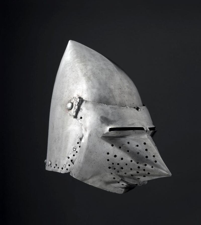 Bascinet with visor, known as Klappvisier from France, c. 1390–1430. Jean-Gilles Berizzi / Courtesy RMN-Grand Palais (musee de Cluny - musee national du Moyen-Age)  