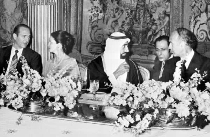 Previously released images show French President Valery Giscard d'Estaing speaking with Sheikh Zayed at a dinner in Elysee Palace during the UAE Founding Father's visit to Paris on July 4, 1975. On the left is French prime minister Jacques Chirac speaking with First Lady Anne-Aymone Giscard d'Estaing. Photo: Sheikh Mohamed bin Zayed Twitter