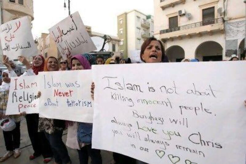Benghazi citizens march to express their sympathy over the death of the US ambassador, J Christopher Stevens, and other Americans killed in the deadly attack on the consulate. Many dread a violent and isolated future, or that the US could seek retribution.