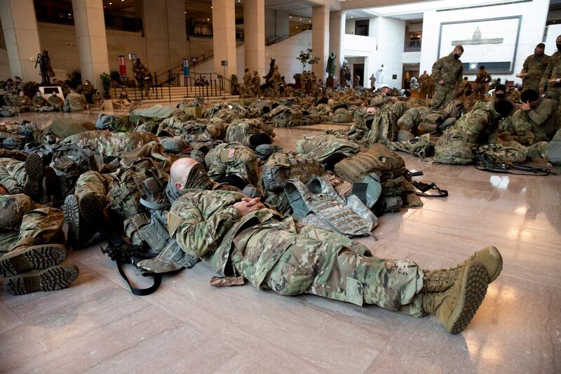 Hundreds of US National Guard troops rest in the Capitol Visitors Center on Capitol Hill in Washington, DC, USA.  EPA