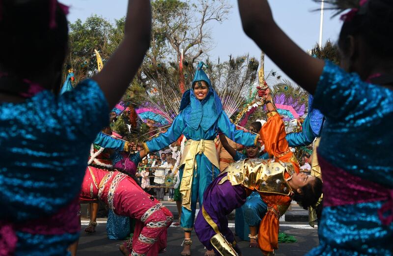 School students perform a peacock dance during Republic Day celebrations in Chennai. Arun Sankar / AFP