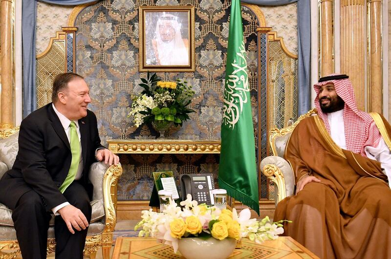 US Secretary of State Mike Pompeo, left, meets with Saudi Arabia's Crown Prince Mohammed bin Salman in Jeddah, Saudi Arabia. AP Photo