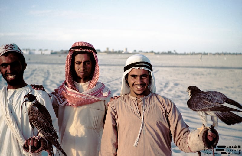 Falconers in Abu Dhabi in the early 1960s. Photo: Dr Alan Horan © UAE National Library and Archives