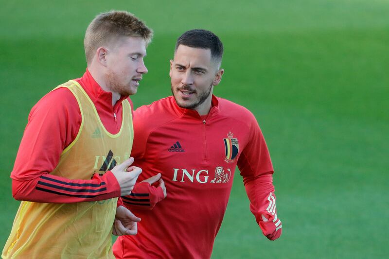 Belgian players Kevin De Bruyne and Eden Hazard (R) during a training session ahead of the UEFA Nations League semi final match between Belgium and France on 07 October in Turin in Tubize, Belgium, 05 October 2021.   EPA / STEPHANIE LECOCQ