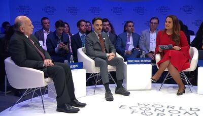 The National's Editor-in-Chief Mina Al Oraibi moderates the panel discussion The Middle East: Meeting Point or Battleground at the World Economic Forum. Photo: Screengrab from video