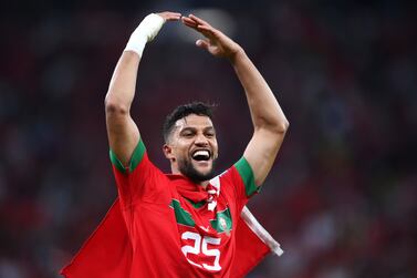 DOHA, QATAR - DECEMBER 10: Yahya Attiat-Allah of Morocco celebrates after the 1-0 win during the FIFA World Cup Qatar 2022 quarter final match between Morocco and Portugal at Al Thumama Stadium on December 10, 2022 in Doha, Qatar. (Photo by Laurence Griffiths / Getty Images)