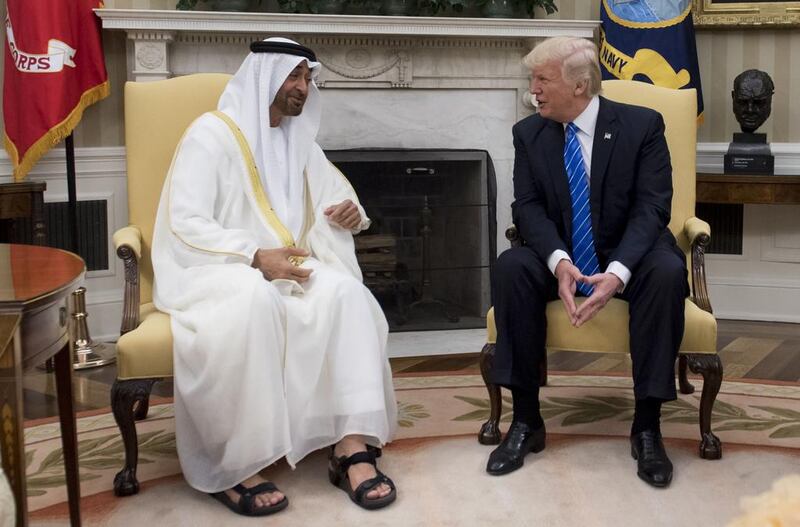 President Donald Trump meets with Sheikh Mohammed bin Zayed, Crown Prince of Abu Dhabi and Deputy Supreme Commander of the Armed Forces, in the Oval Office of the White House in Washington. Saul Loeb / AFP