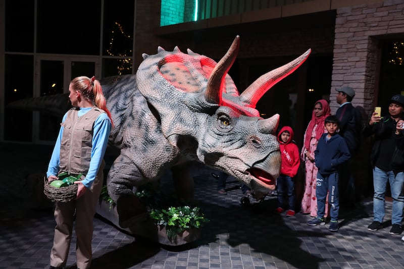 The Dino Mania parade will be held at 8pm on Friday, Saturday and Sunday at Riverland, Dubai Parks & Resorts, until April. All photos: Pawan Singh / The National 
