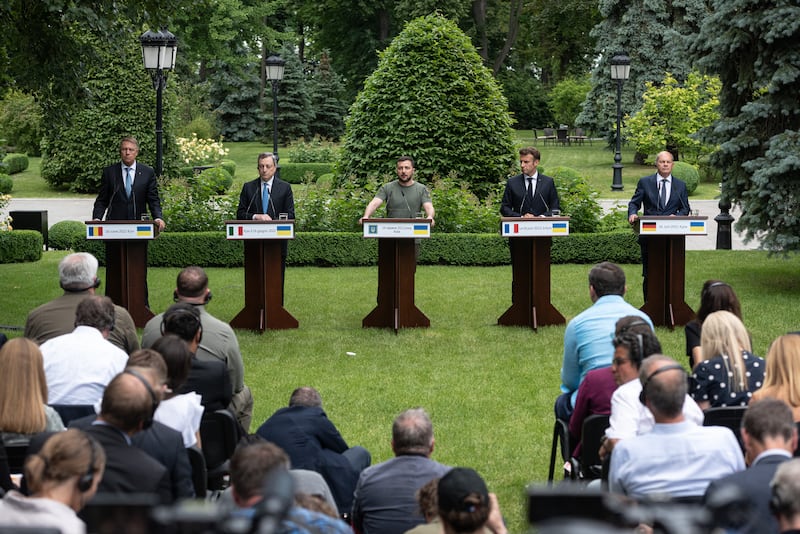 Romanian President Klaus Iohannis, Italian Prime Minister Mario Draghi, Ukrainian President Volodymyr Zelenskyy, French President Emmanuel Macron and German Chancellor Olaf Scholz in Kyiv in June 2022. Getty Images