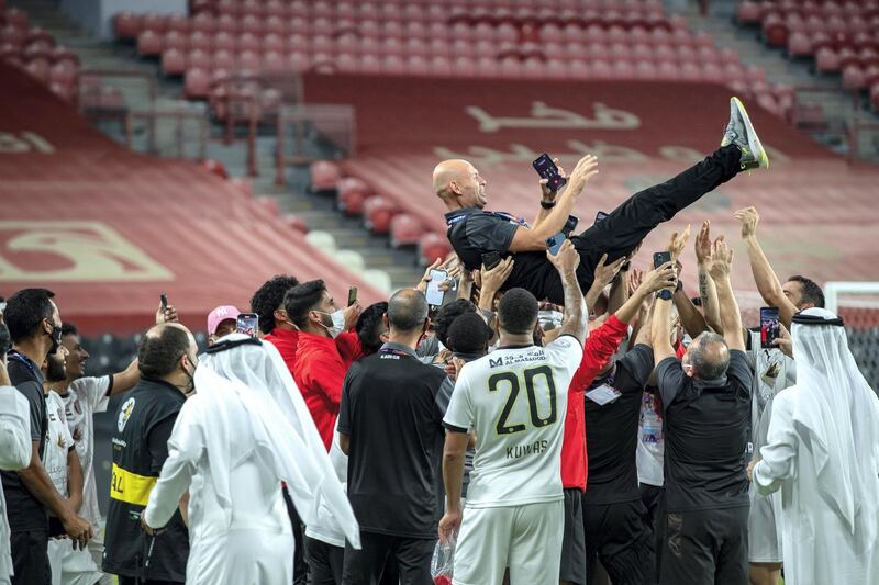 Arabian Gulf League final round: Al Jazira v Khorfakkan at Mohamed bin Zayed stadium.  The Jazira team celebrates their victory over Khorfakkan on May 11th, 2021. Victor Besa / The National.