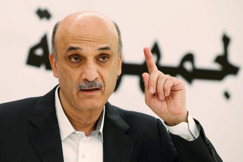 FILE PHOTO: Samir Geagea, leader of the Christian Lebanese Forces, speaks during an interview with Reuters at his home in the Christian village of Maarab in the mountains overlooking the seaside town of Jounieh, October 31, 2014. REUTERS/Mohamed Azakir/File Photo