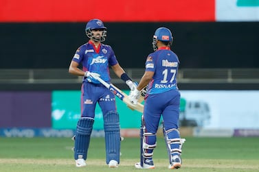 Shreyas Iyer of Delhi Capitals and Rishabh Pant of Delhi Capitals during match 33 of the Vivo Indian Premier League between the DELHI CAPITALS and the SUNRISERS HYDERABAD held at the Dubai International Stadium in the United Arab Emirates on the 22nd September 2021

Photo by Saikat Das / Sportzpics for IPL