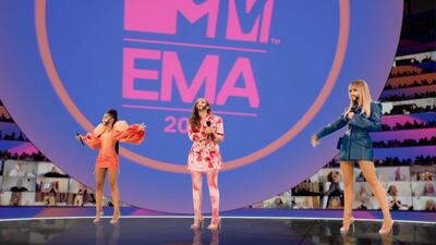 LONDON, ENGLAND - NOVEMBER 01: In this screengrab released on November 08, Hosts Leigh-Anne Pinnock, Jade Thirlwall and Perrie Edwards of Little Mix presenting at the MTV EMA's 2020 on November 01, 2020 in London, England. The MTV EMA's aired on November 08, 2020.  (Courtesy of MTV via Getty Images)