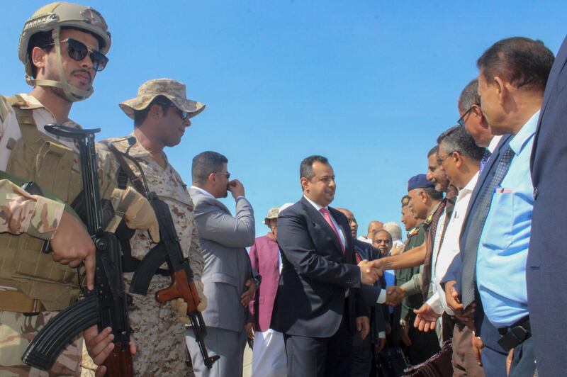 Yemen's Prime Minister Maeen Abdulmalik Saeed arrives in Aden on November 18, 2019. Yemen's prime minister returned to the southern city of Aden under a peace deal with southern separatists who drove the government out of its provisional capital in August. / AFP / Saleh Al-OBEIDI
