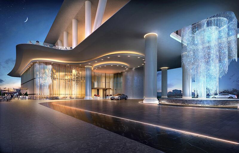 This rendering shows how a glistening chandelier will hang over the all-important valet drop-off point of the hotel. Supplied