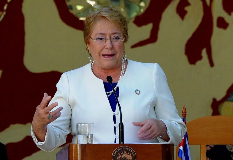 (FILES) In this file photo taken on January 08, 2018 Chilean President Michelle Bachelet delivers a speech at the Pedagogical School Salvador Allende where she arrived to hand a Chilean national flag, in Havana. - UN Secretary-General Antonio Guterres is expected to appoint Chile's former president Michelle Bachelet as the UN's new human rights chief, diplomats said August 8, 2018. Bachelet, 66, would replace Zeid Ra'ad Al Hussein of Jordan, a sharp critic of US President Donald Trump who held the post of UN high commissioner for human rights since September 2014. (Photo by Yamil LAGE / AFP)