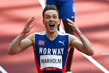 Karsten WARHOLM of Norway celebrates as he won the 400m hurdles with a new world record during the Day Five at Olympic Stadium on August 3, 2021 in Tokyo, Japan. (Photo by Anthony Dibon / Icon Sport via Getty Images)