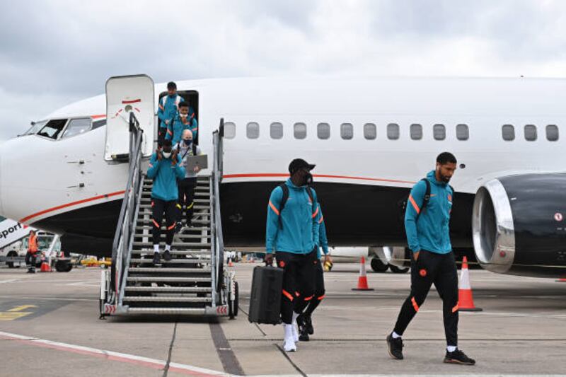 Ruben Loftus-Cheek of Chelsea and teammates arrive at George Best Belfast Airport for the Super Cup match against Villarreal.