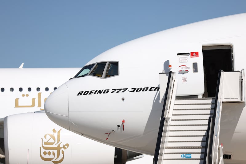 An Emirates Boeing 777-300ER at the Dubai Airshow at DWC. The airline has ordered 90 more 777X jets. Bloomberg