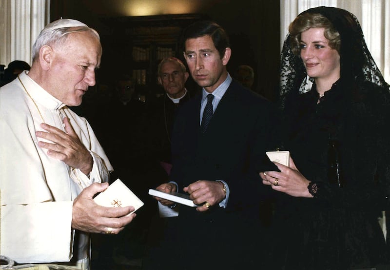 Princess Diana and Prince Charles meet Pope John Paul II during a private audience a the Vatican on April 25, 1985