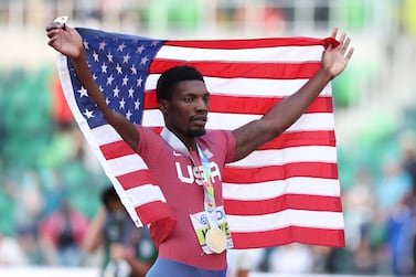 EUGENE, OREGON - JULY 16: Fred Kerley of Team United States celebrates after winning gold in the Men’s 100 Meter Final on day two of the World Athletics Championships Oregon22 at Hayward Field on July 16, 2022 in Eugene, Oregon.    Christian Petersen / Getty Images / AFP
