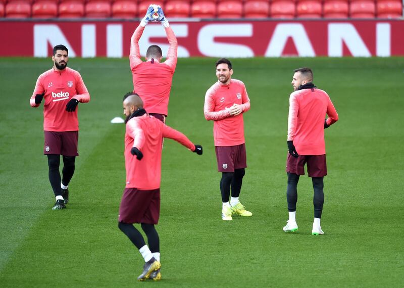 Lionel Messi of Barcelona trains during a FC Barcelona training session, on the eve of their Champions League Quarter Final match against Manchester United, at Old Trafford  in Manchester, England. Getty