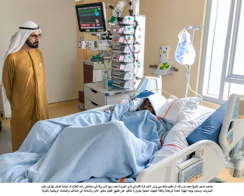 Sheikh Mohammed bin Rashid, Vice President and Ruler of Dubai, visits Ahmed Rabia in hospital following his head injury. WAM
