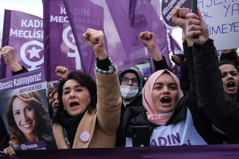 Women attend a rally marking the International Women's Day in Istanbul, Turkey.  According to the 'We'll Stop Femicide' social platform, 417 women were killed through gender-based violence and hundreds were assaulted by men in 2021, in Turkey.  EPA
